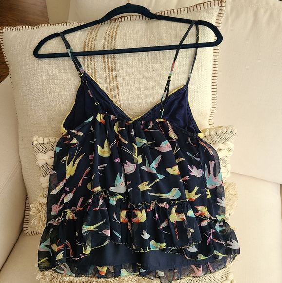 Chelsea & Violet Blue and Yellow Bird Corchet Ruffle Top - Picture 2 of 2